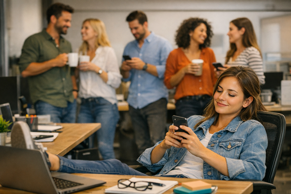 girl on mobile phone at desk