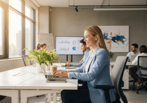 woman sat at desk in office