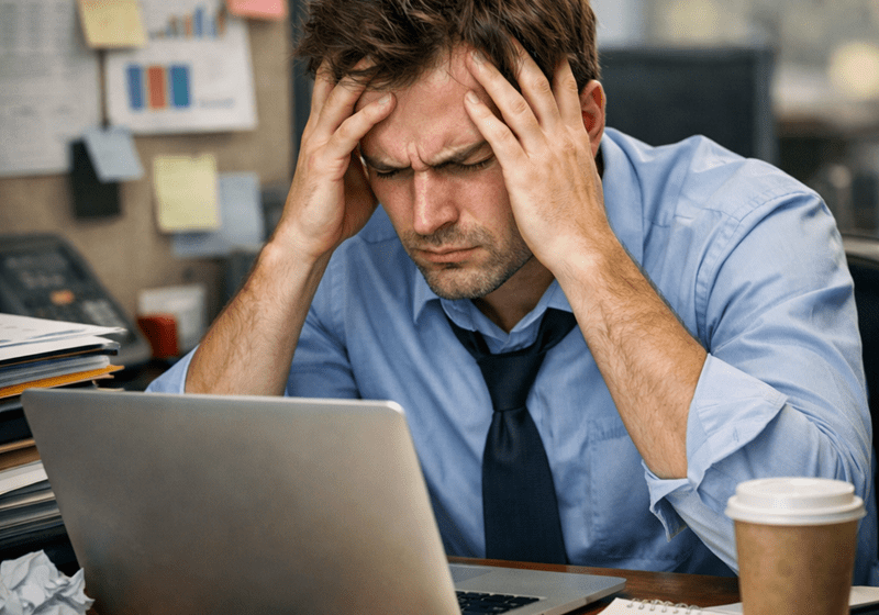 man sat at desk stressed